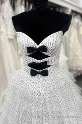 White Strapless Swiss Dot Layered Long Semi Formal Prom Dress